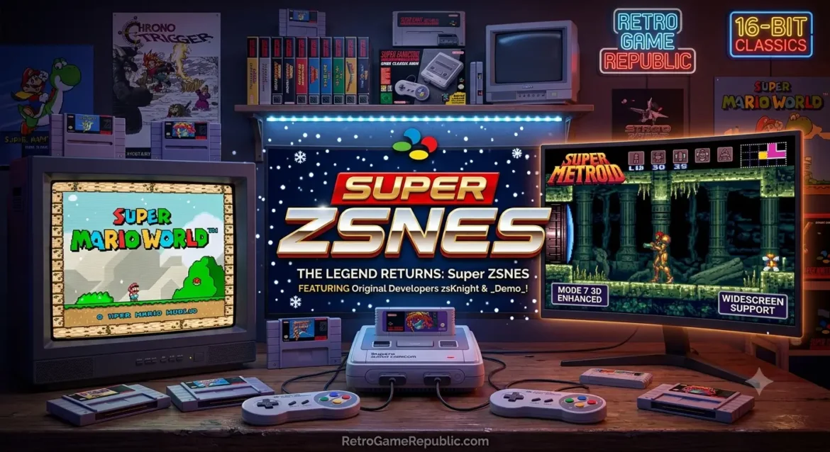 Promotional graphic for the Super ZSNES emulator featuring the classic falling snow GUI, a modern monitor showing widescreen Super Metroid gameplay, and the Retro Game Republic logo.